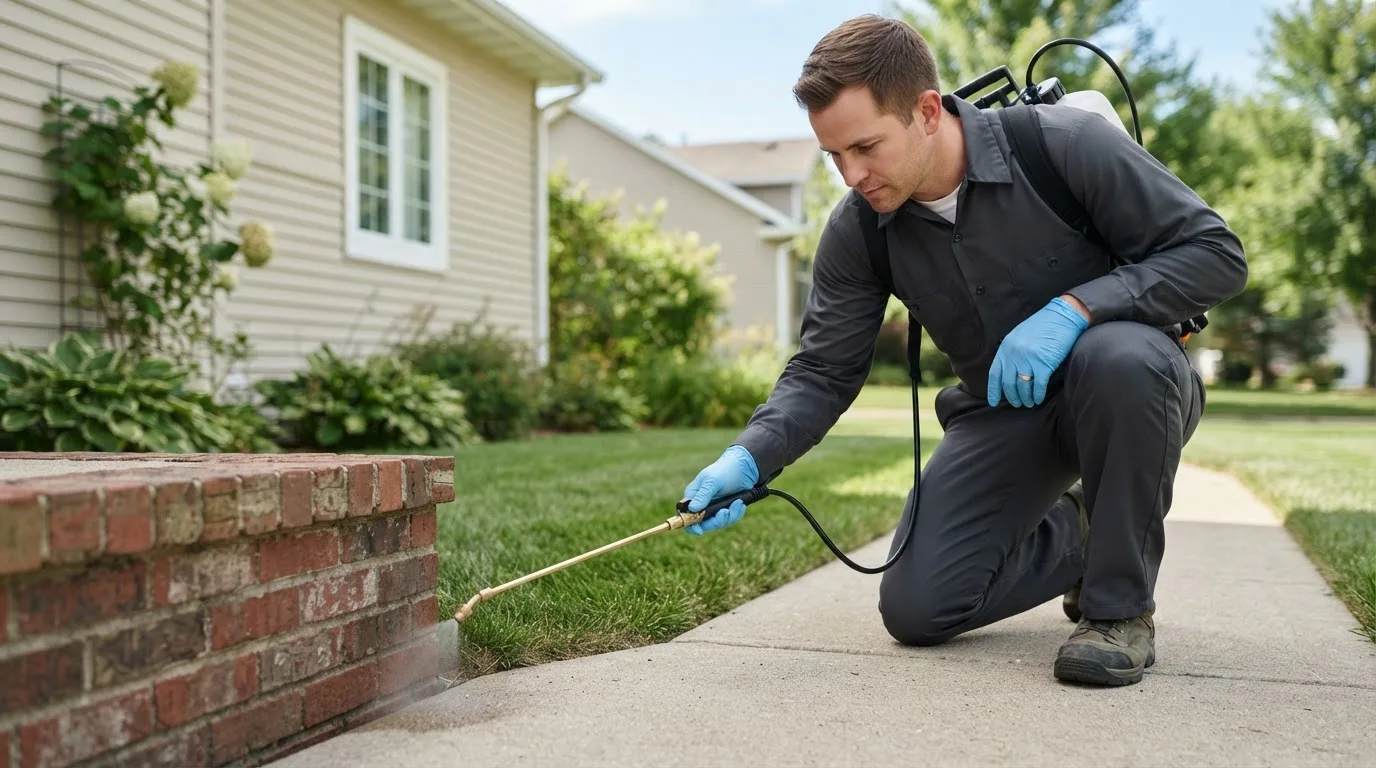 Pest control technician treating a home near Foster, OK