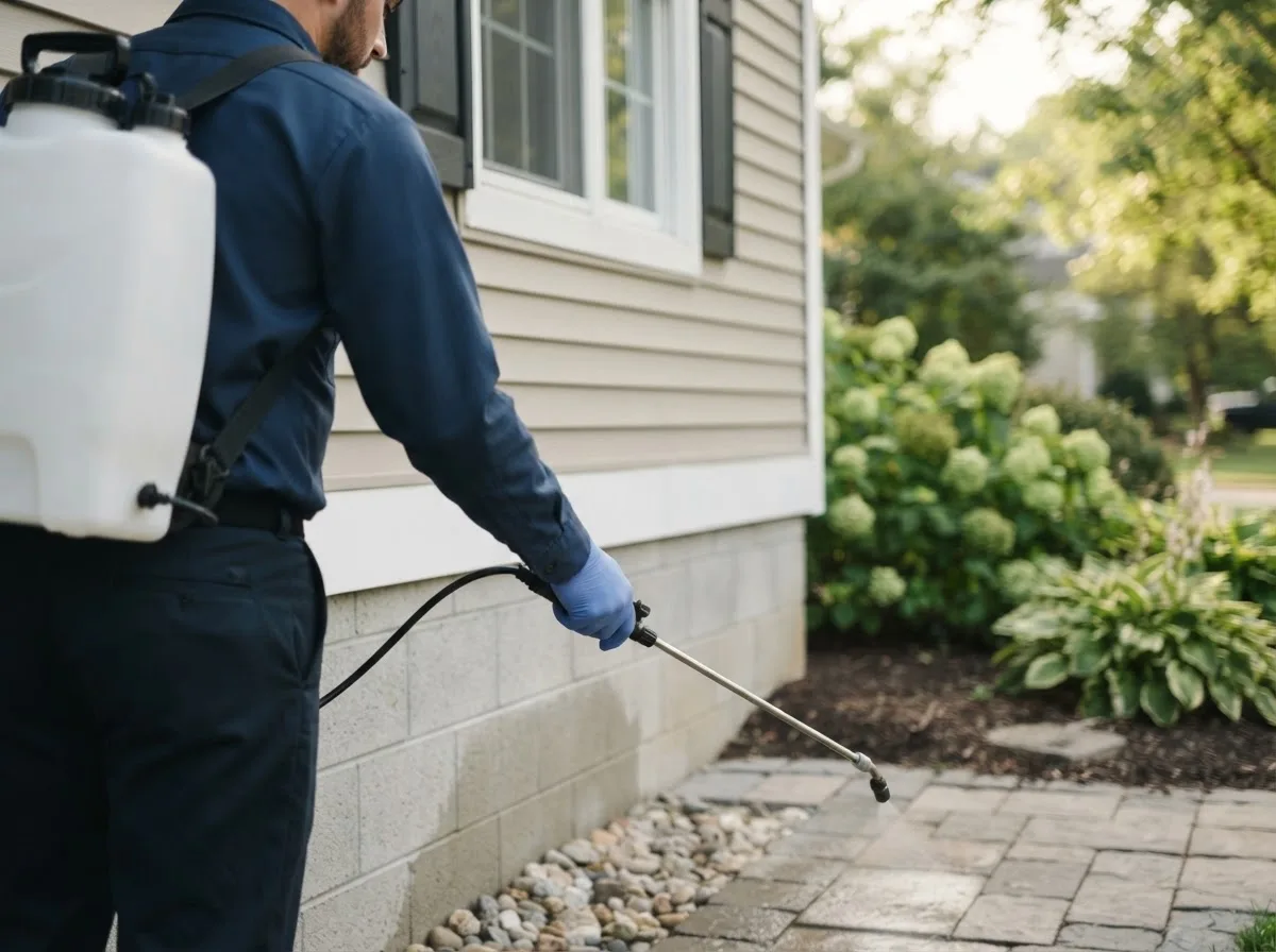 Pest control technician inspecting a home in Foster, OK